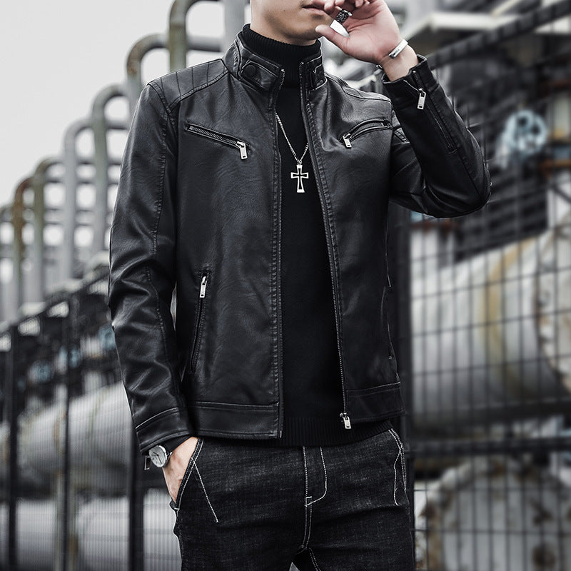 Men's faux leather moto jacket in aviator style with stand-up collar and functional zippers Chichicherry