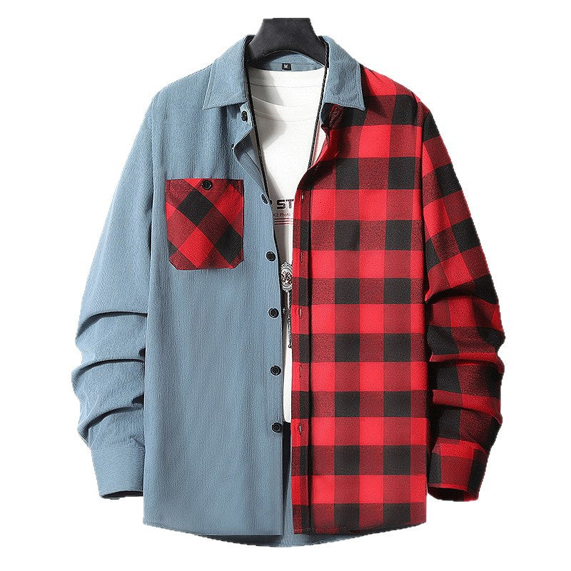 Men's Half-Split Overshirt in Lumberjack Check with Contrasting Solid Side, Chest Pocket, and Continuous Button Placket Chichicherry