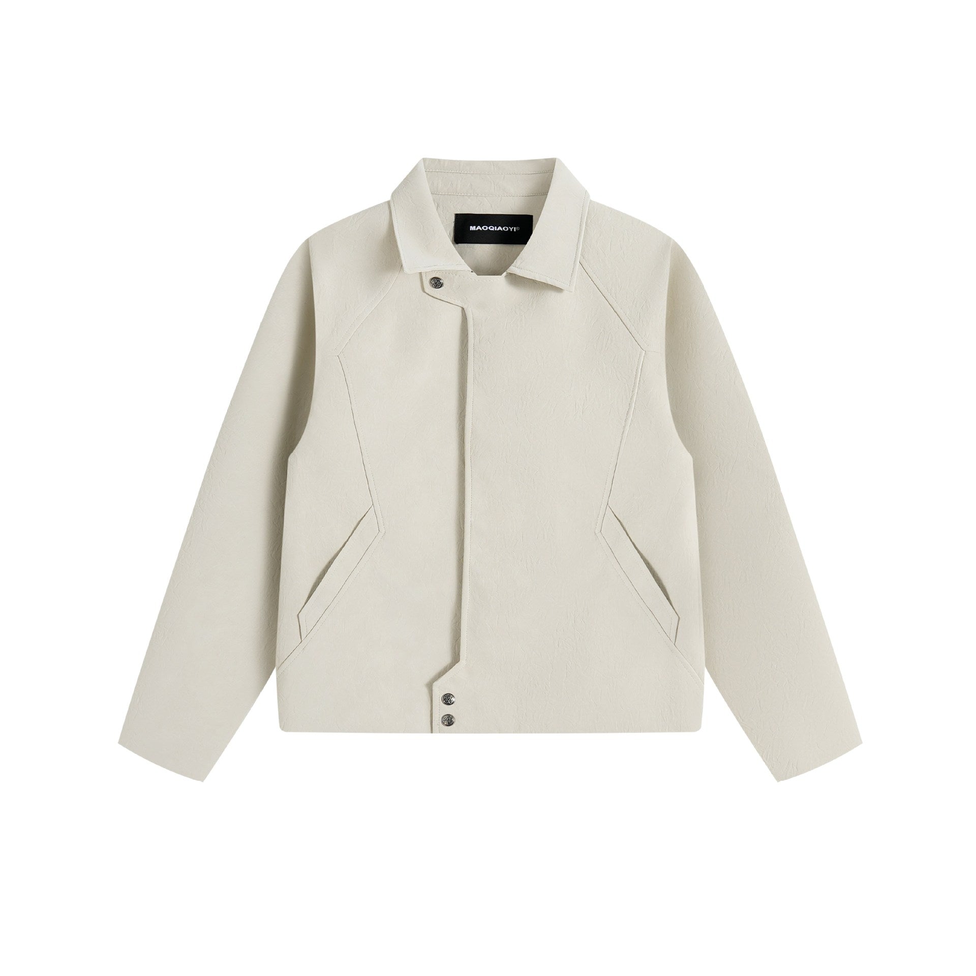 Men's short jacket in suede look with asymmetric front flap and geometric flap pockets.