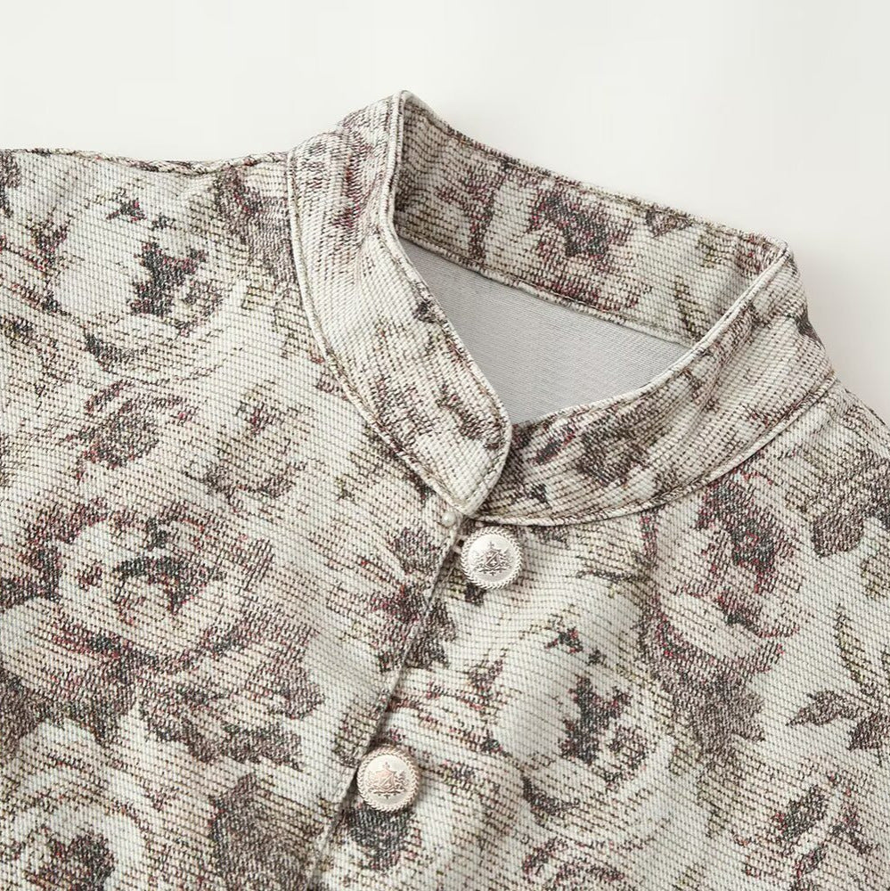 Women's Tailored Jacquard Jacket with Stand-up Collar and Peplum