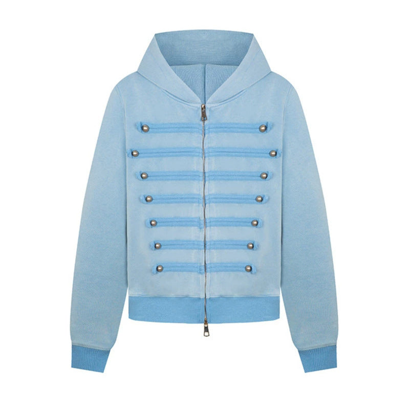 Ladies hooded sweat jacket in military style with decorative cords and metal buttons Chichicherry