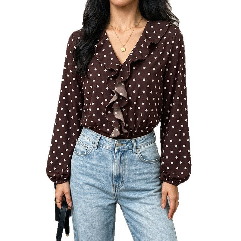 Women Polka Dot Ruffled Blouse with V-Neck, Long Sleeves and Elastic Cuffs Chichicherry
