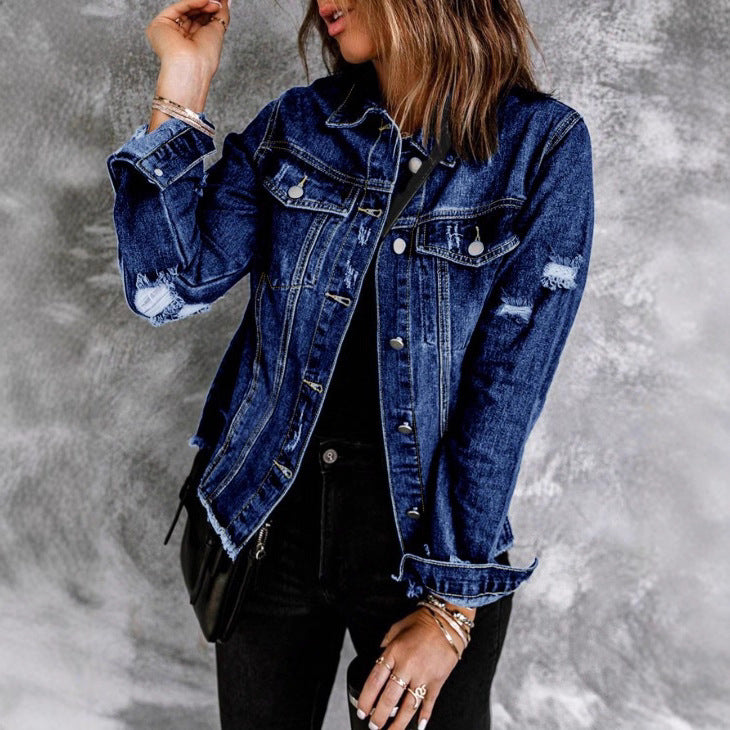 Women's Waist-Cinched Denim Trucker Jacket with Light Destroyed Effect and Fringed Hem Chichicherry