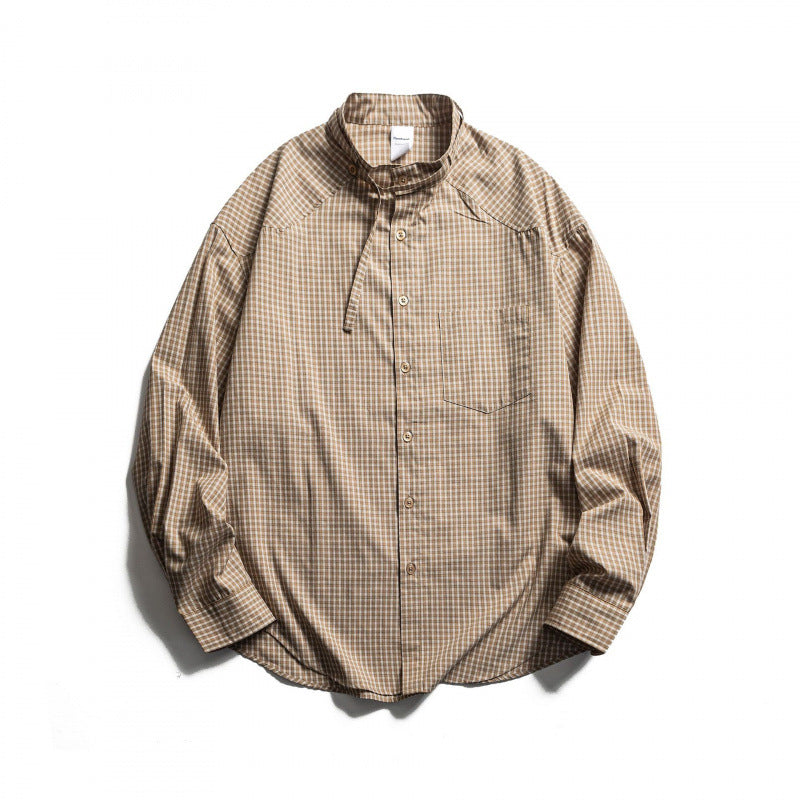 Men's Checked Oversize Shirt with Stand Collar, Drawstring and Raglan Sleeves Chichicherry