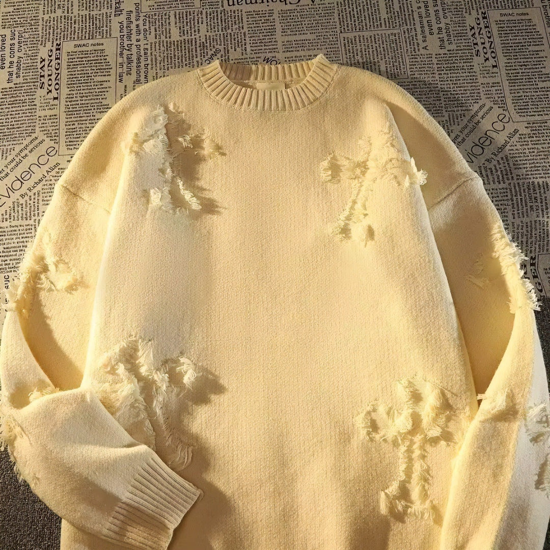 Unisex Oversized Strickpullover mit Destroy-Details und Rundhalsausschnitt Chichicherry
