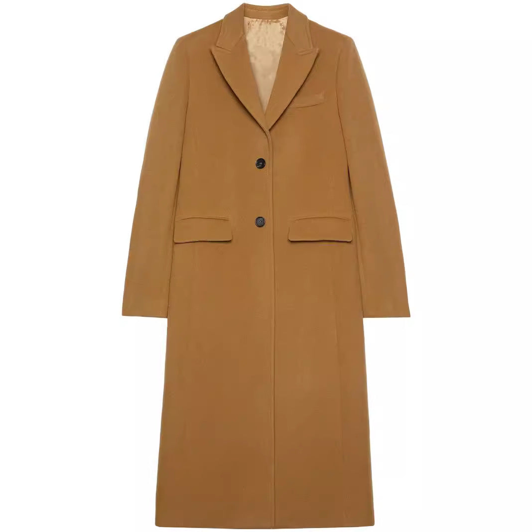 Women Maxilength Single-Breasted Long Coat in Minimalist Tailoring with Flap Pockets Chichicherry