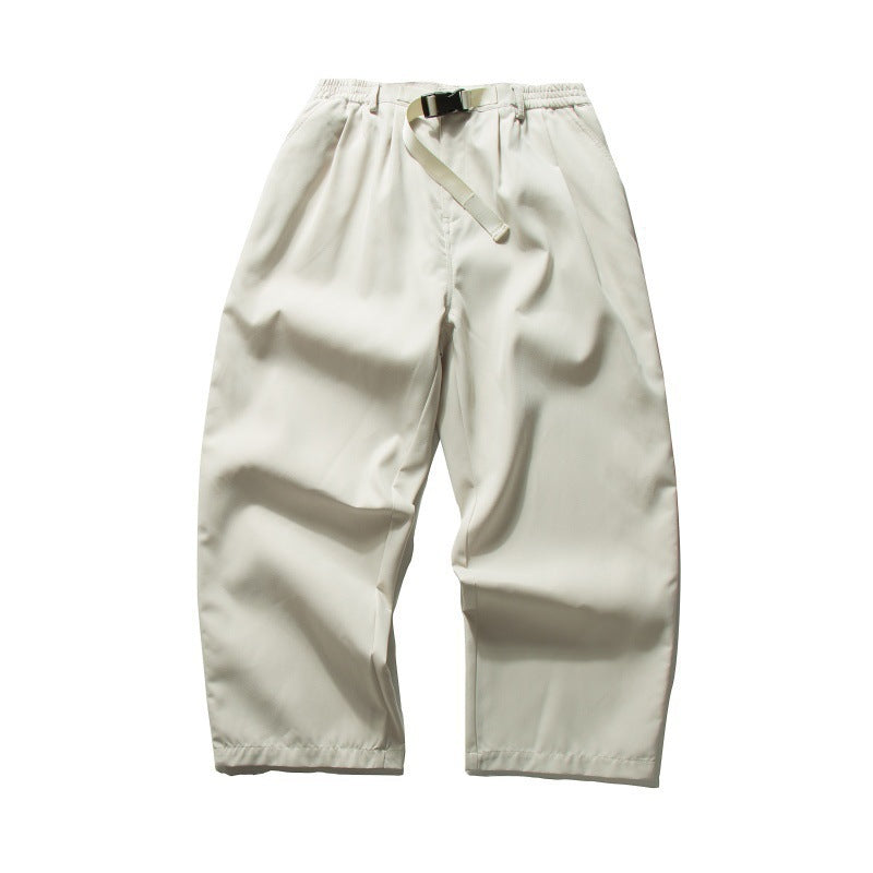 Men's Wide Relaxed Twill Pants with Elastic Waistband, D-Ring Belt, and Pleats Chichicherry