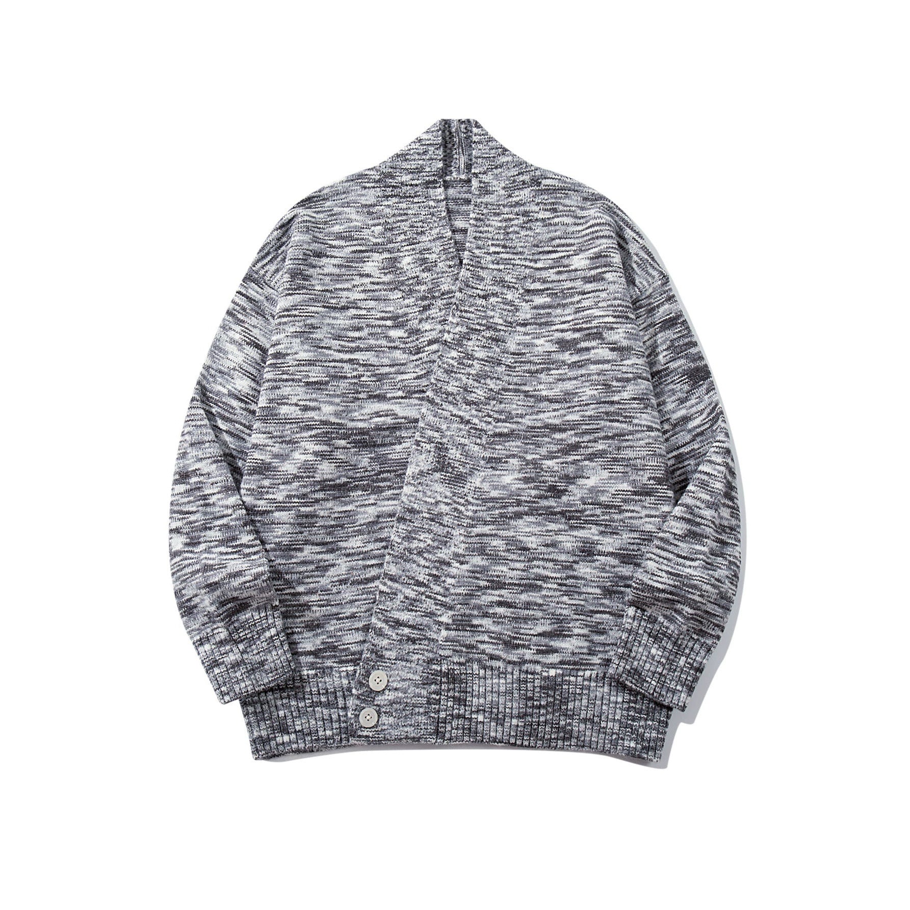 Women Oversize Knit Cardigan with Deep V-Neck, Button Placket at Hem and Melange Structure Chichicherry