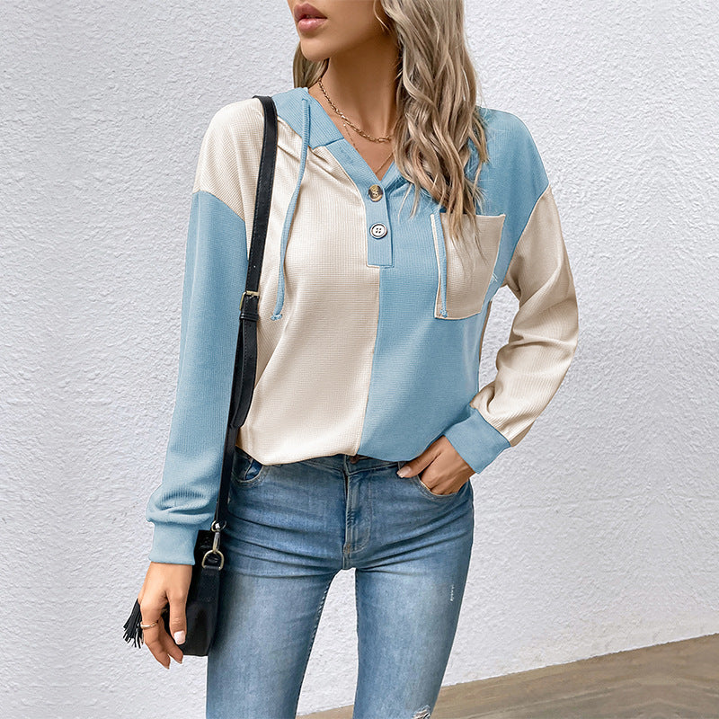 Women's Colorblock Hoodie with Waffle Texture, Button Placket and Chest Pocket Chichicherry