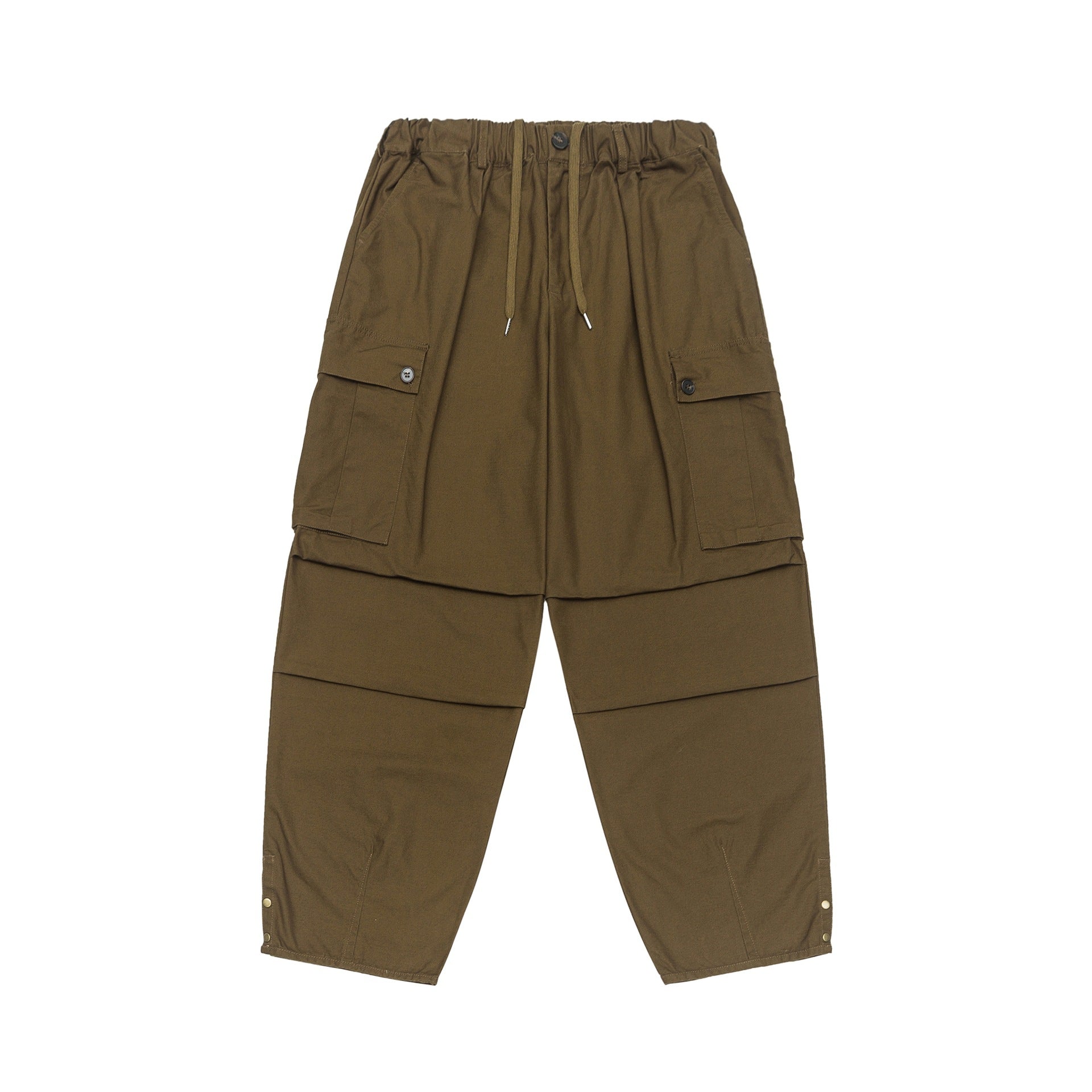 Women's cargo capri pants with drawstring waistband, snap button details and versatile flap pockets.
