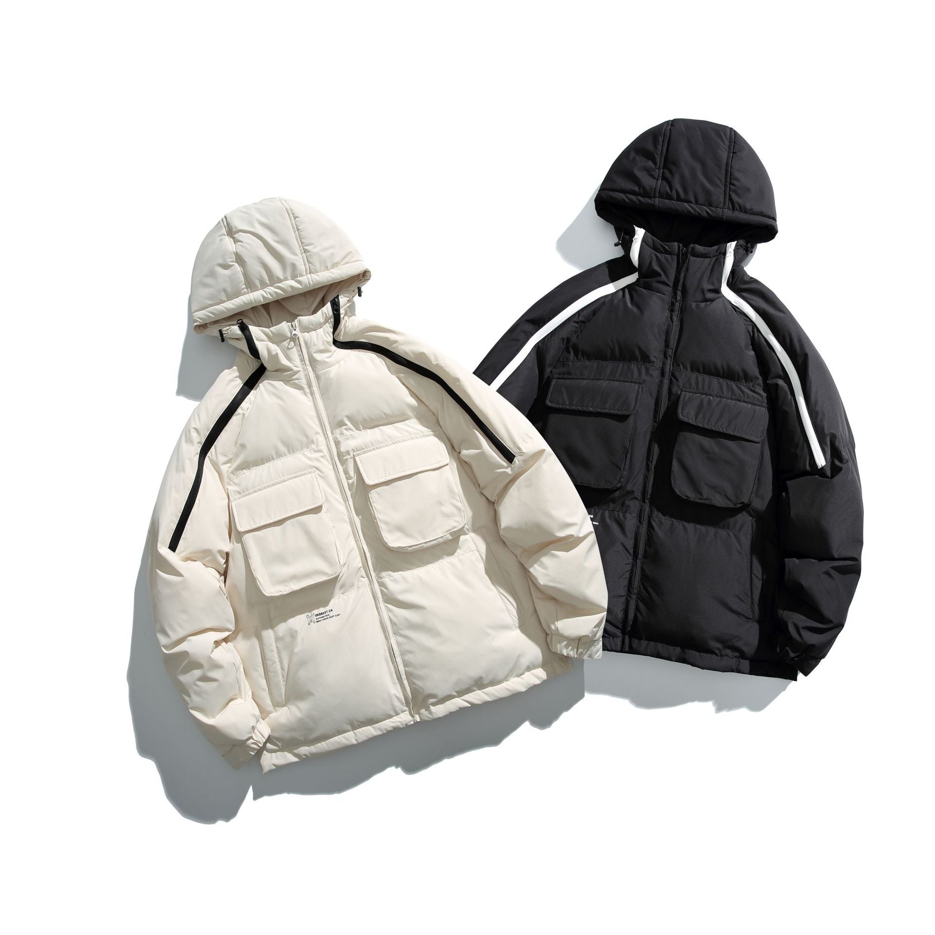 Unisex Short Cut Boxy Puffer with Hood, Contrast Stripes and Large Flap Pockets Chichicherry