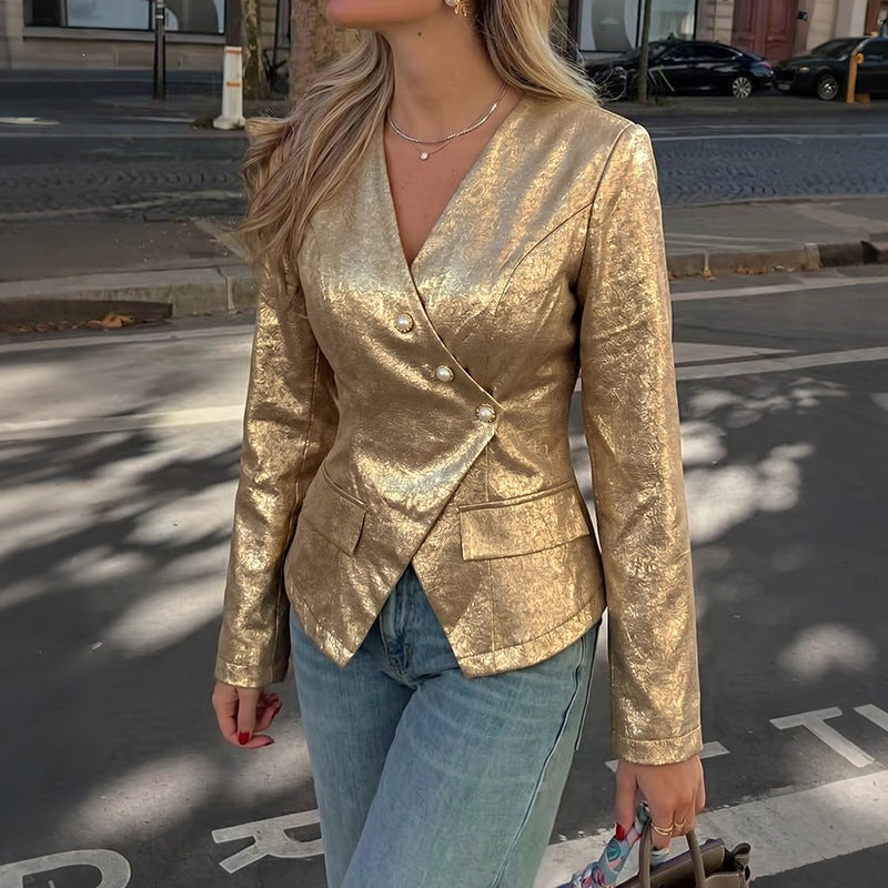 Women's Tailored Blazer with Shimmering Jacquard Texture and Decorative Pearl Buttons Chichicherry