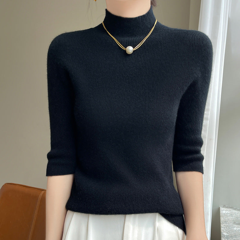 Women's Short Sleeve Mock Neck Sweater with Fluffy Angora Look Chichicherry