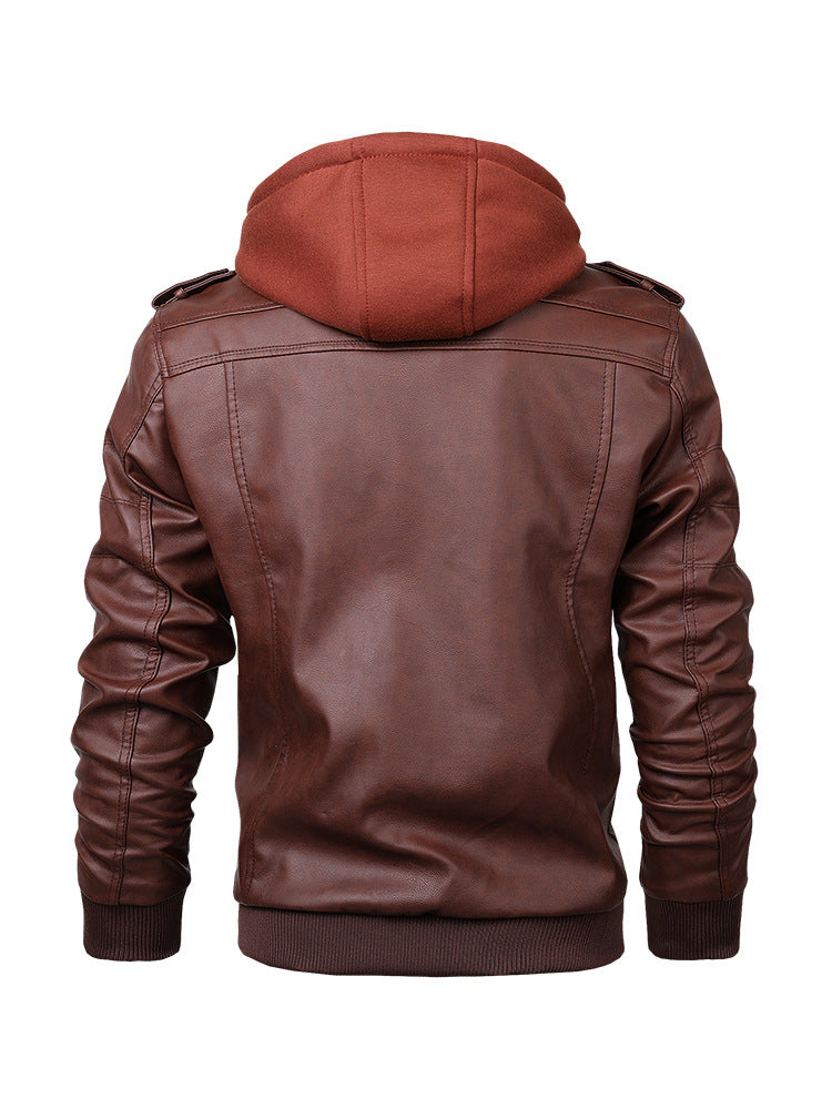 Men's Urban Hooded Leather Jacket in Biker Style with Zipper Details and Ribbed Cuffs Chichicherry