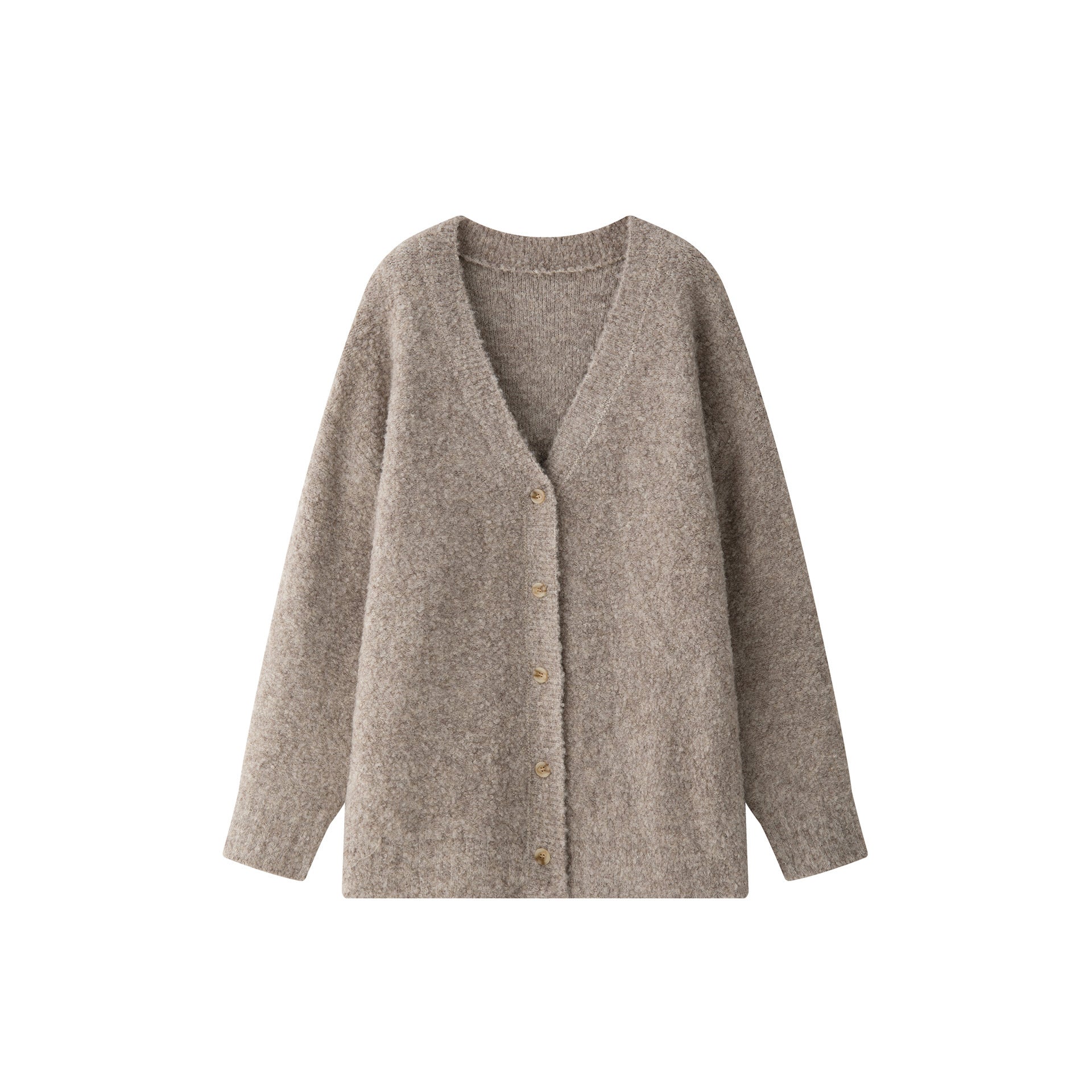 Ladies Boxy Cardigan made of fluffy bouclé wool blend with deep V and button placket Chichicherry