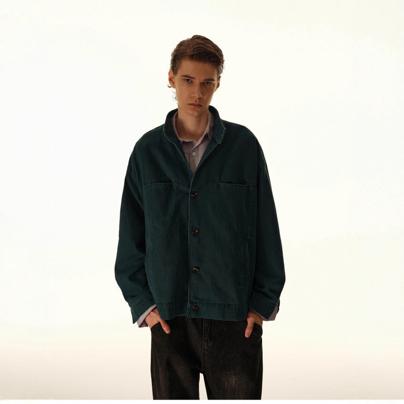 Men's Loose Canvas Overshirt with Stand-Up Collar, Patch Pockets and Distinctive Stitching Details Chichicherry