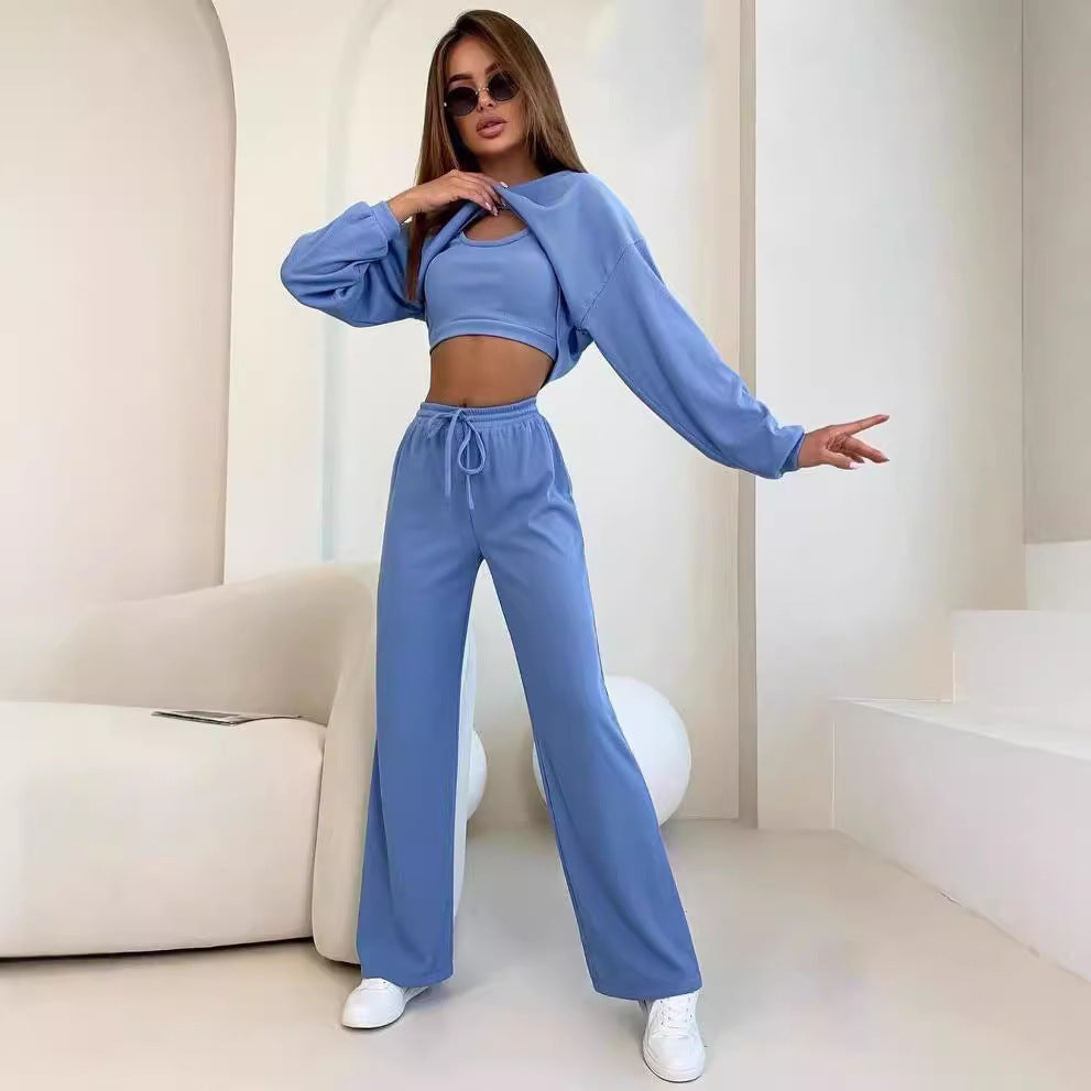 Damen Ripp-Lounge-Set mit Cut-Out Croptop, Oversize Cropped Pullover und High-Waist Jogginghose Chichicherry