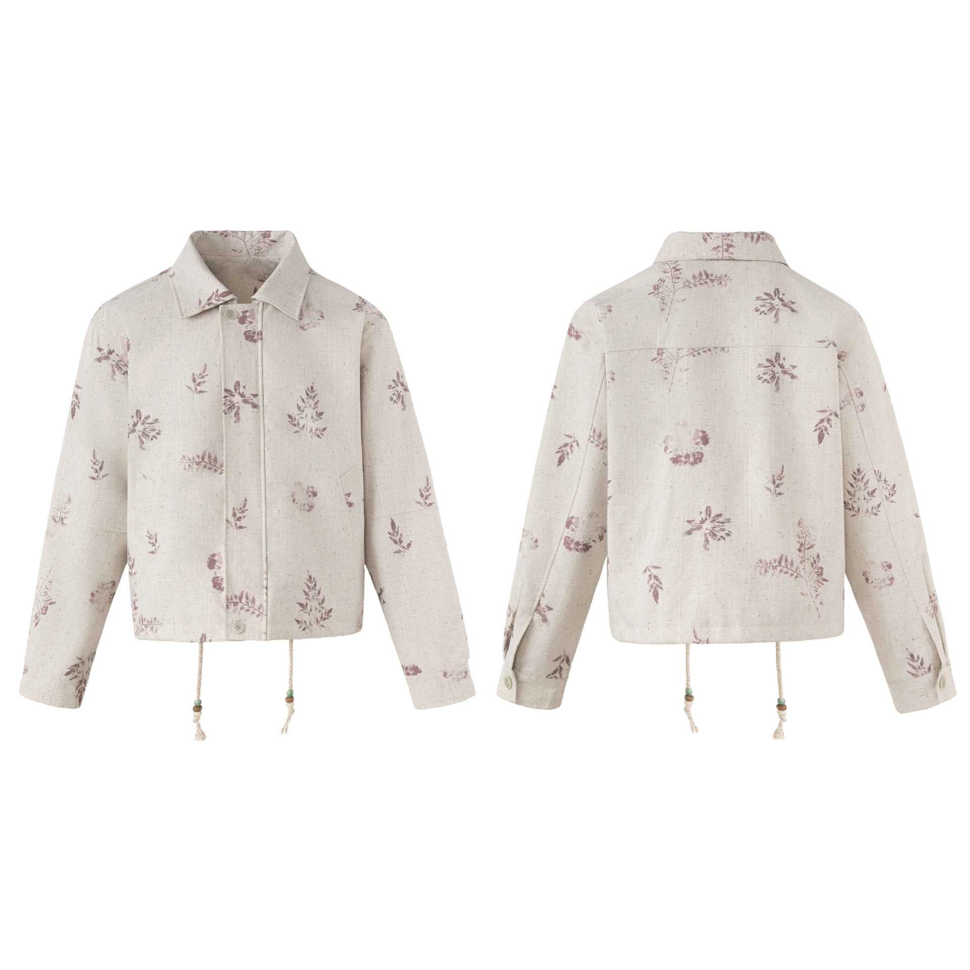 Women's Short Floral Linen Blouson with Drawstring, Concealed Button Placket and Shirt Collar Chichicherry