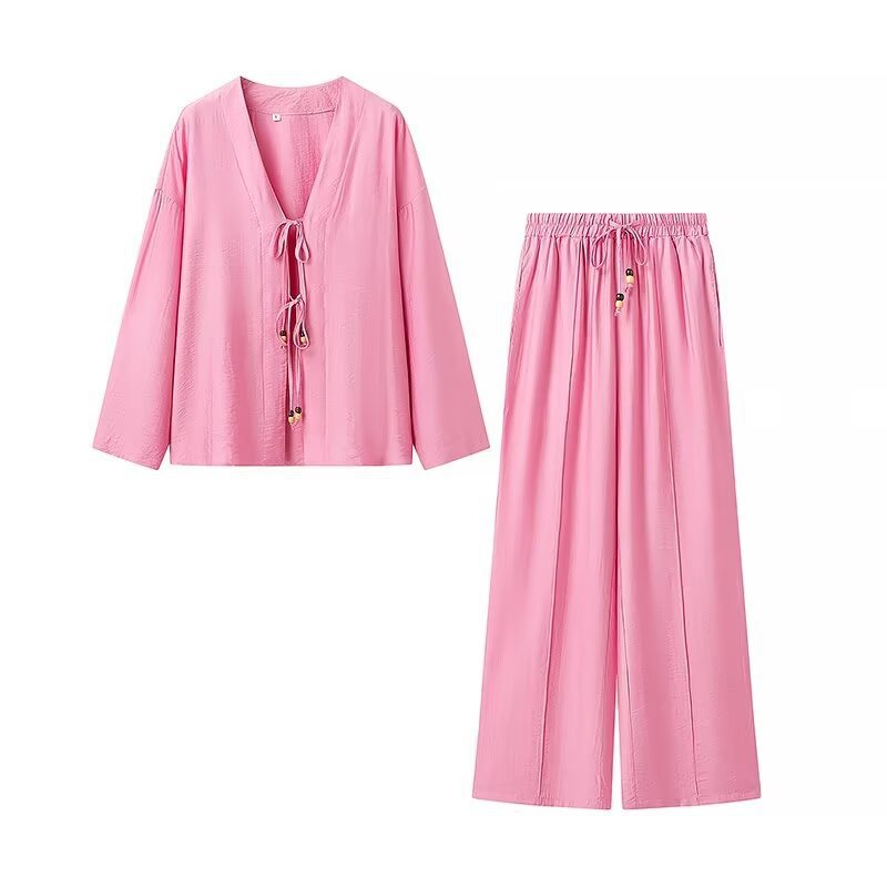 Women Two-Piece Lightweight Lounge Set with V-Neck, Drawstring Pants and Wide Leg Chichicherry