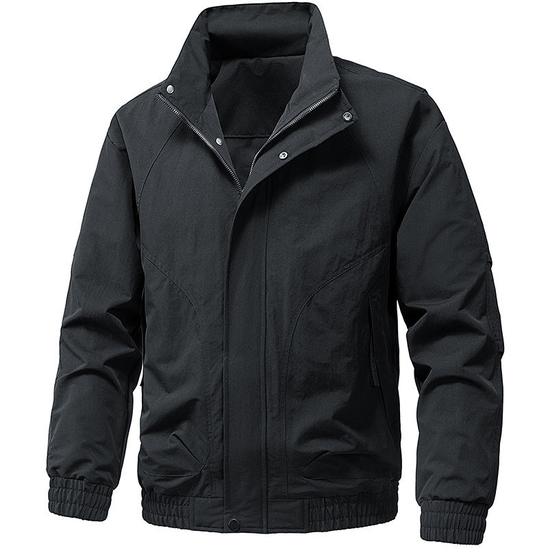 Men's Windproof Utility Bomber Jacket with Stand Collar, Elastic Cuffs, and Concealed Zipper Chichicherry