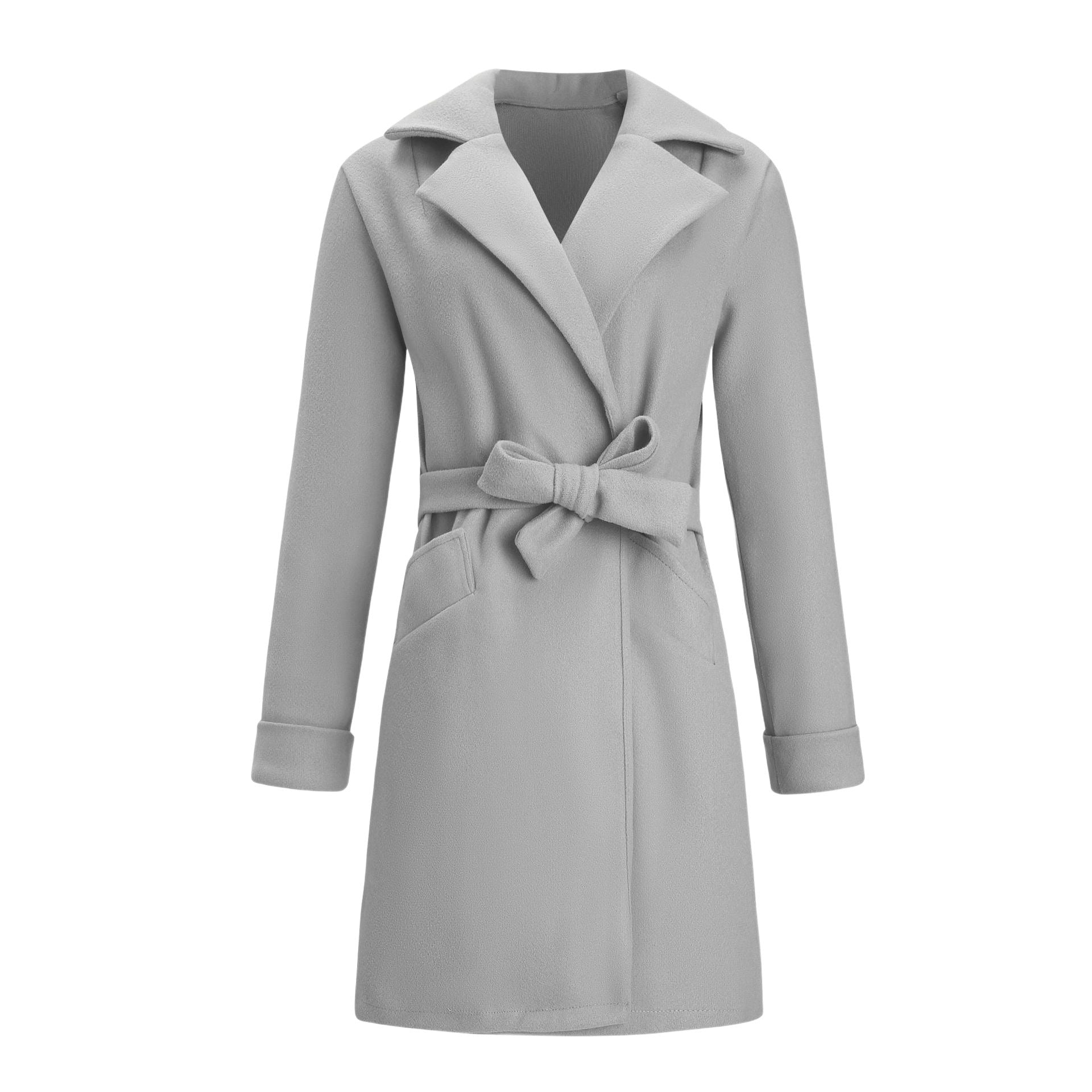 Women's Elegant Knee-Length Coat made of Wool Blend with Wide Lapels and Tie Belt Chichicherry