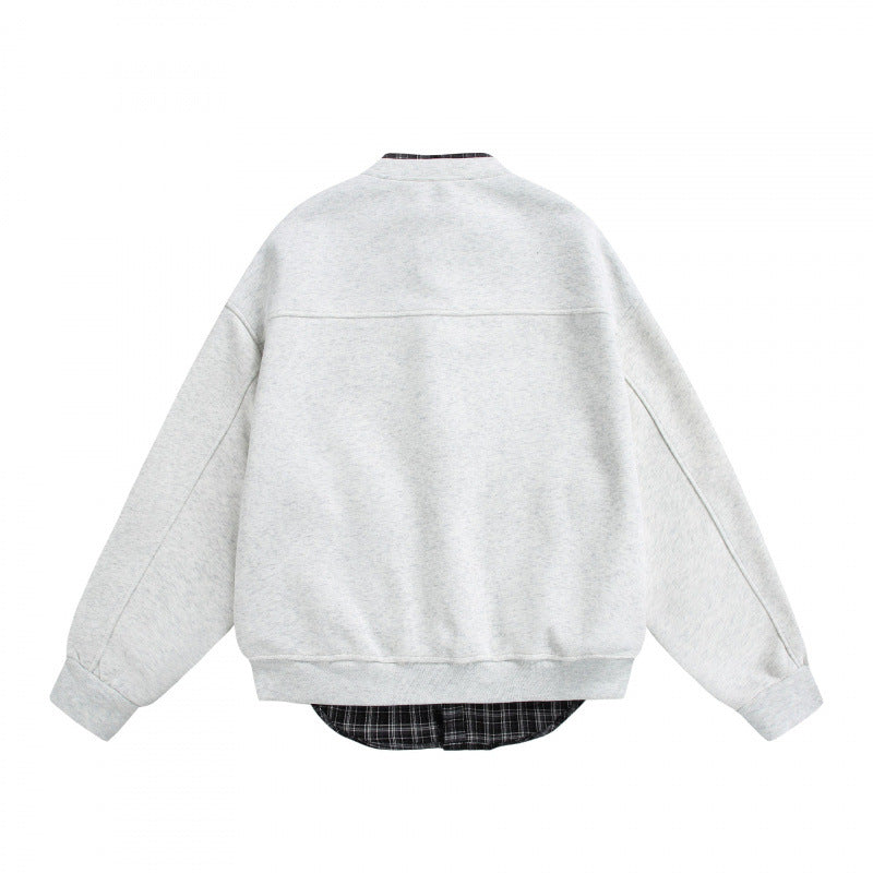 Men's Oversized College-Style Sweat Jacket with Concealed Snap Button Placket and Checked Lining Chichicherry
