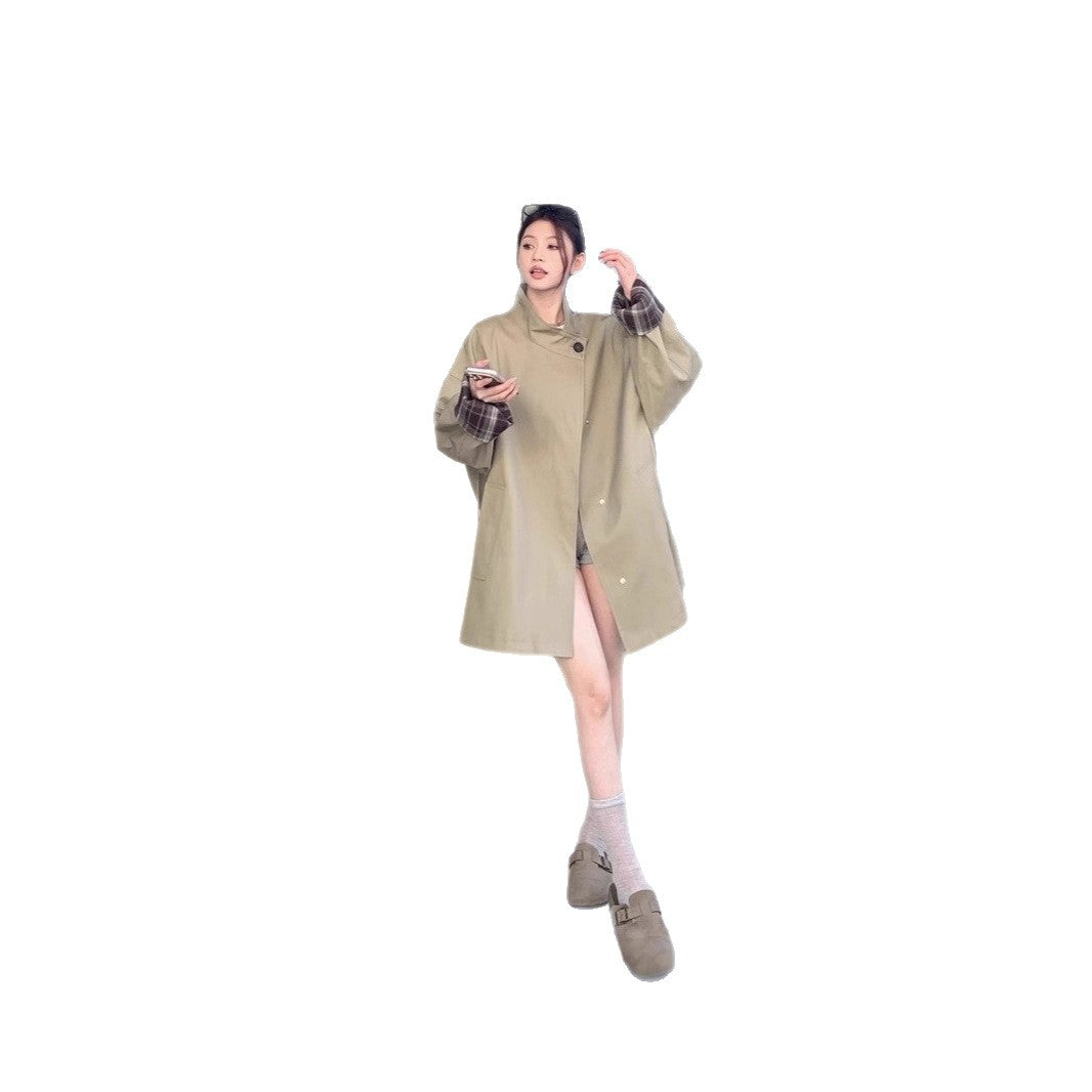 Women Oversized Short Coat with Stand-Up Collar and Checked Sleeve Lining Chichicherry