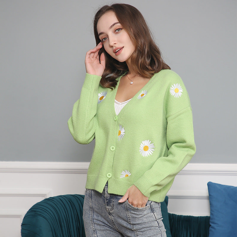 Women Short Cut V-Neck Knit Cardigan with Embroidered Daisies and Ribbed Cuffs Chichicherry