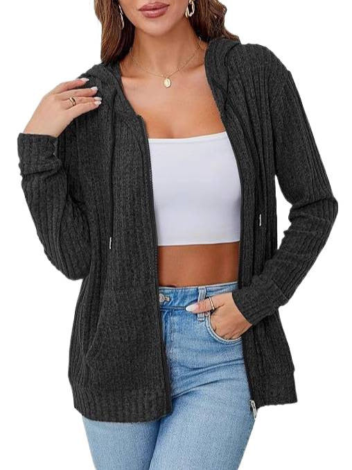 Women’s knitted hooded jacket with zipper, textured knit, and kangaroo pockets Chichicherry