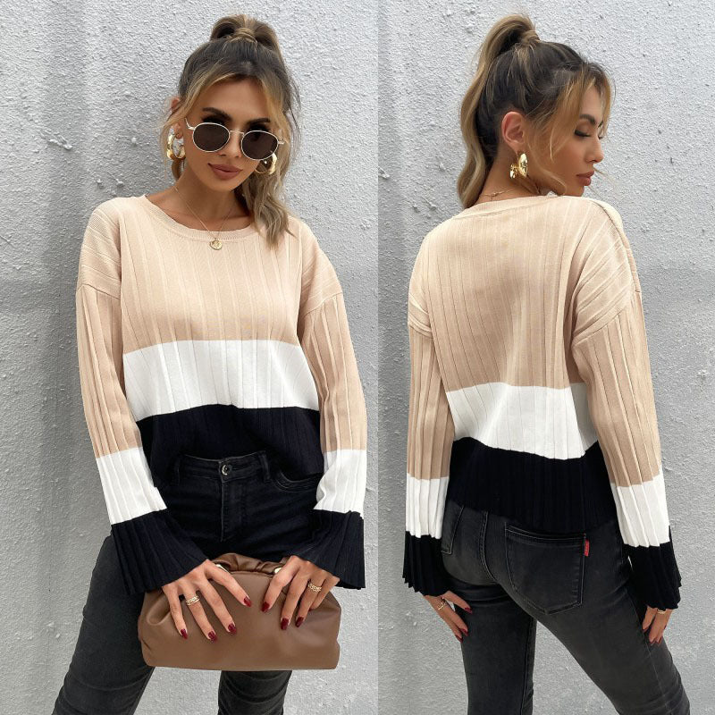 Women Ribbed Colorblock Sweater with Wide Cuff Sleeve Chichicherry