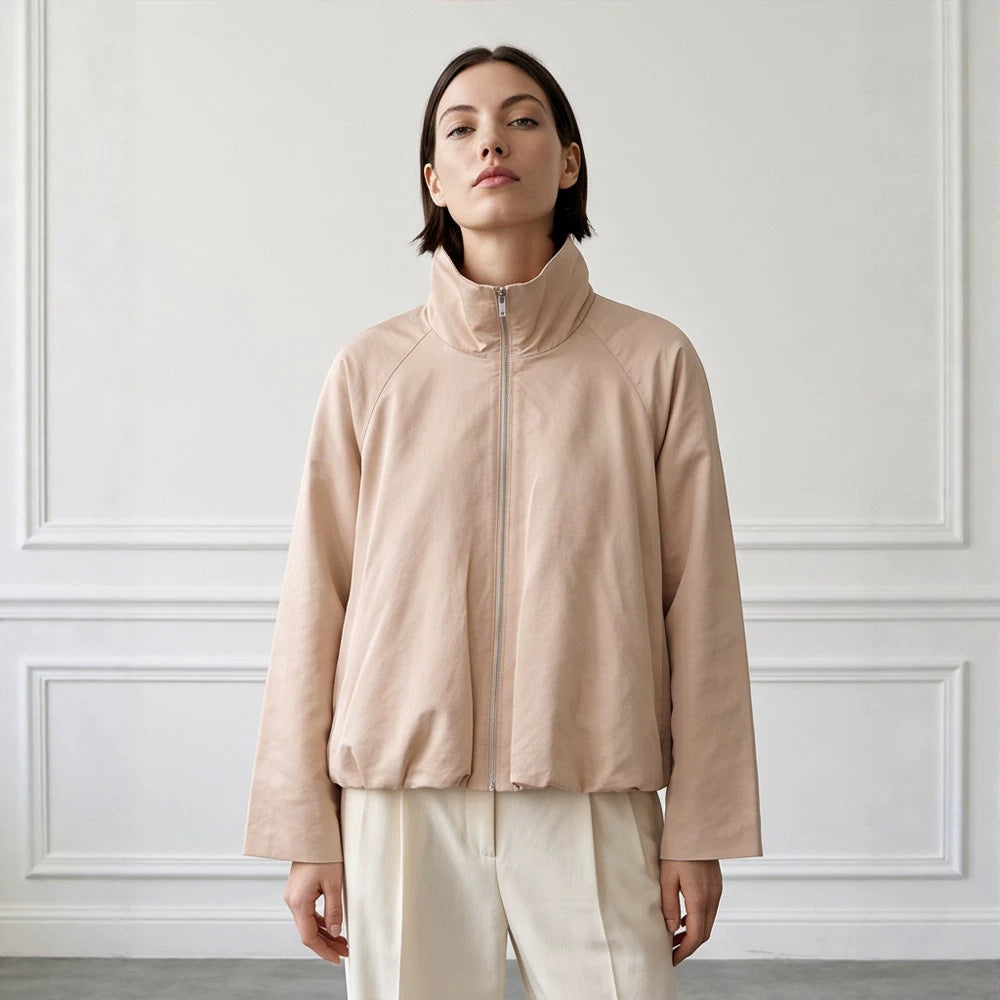 Women's light transitional jacket with high stand-up collar, raglan sleeves, and ballooned hem Chichicherry