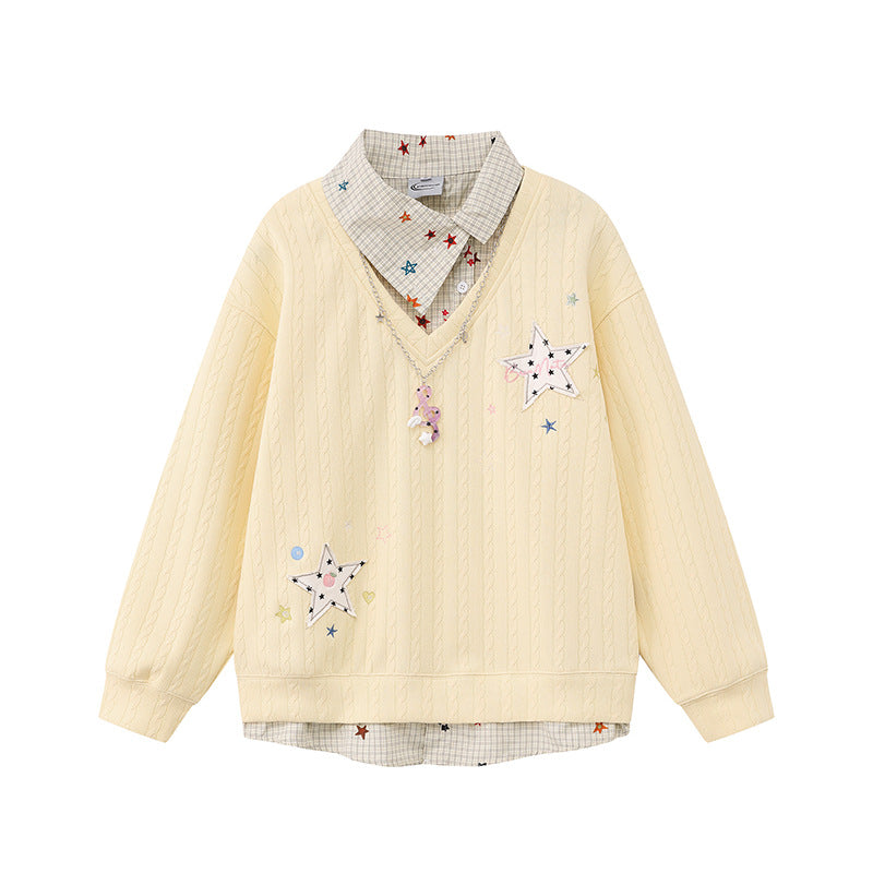 Women's Layered-Look Knit Sweater with Attached Shirt Placket, Star Appliqués and Chain Charm Chichicherry