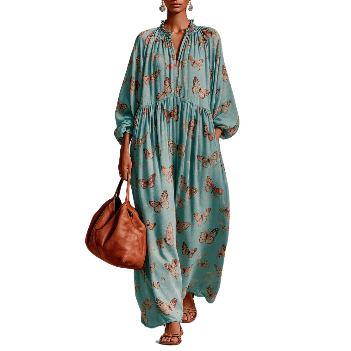 Women’s maxi dress in boho caftan style with butterfly print and gathered empire waist drape