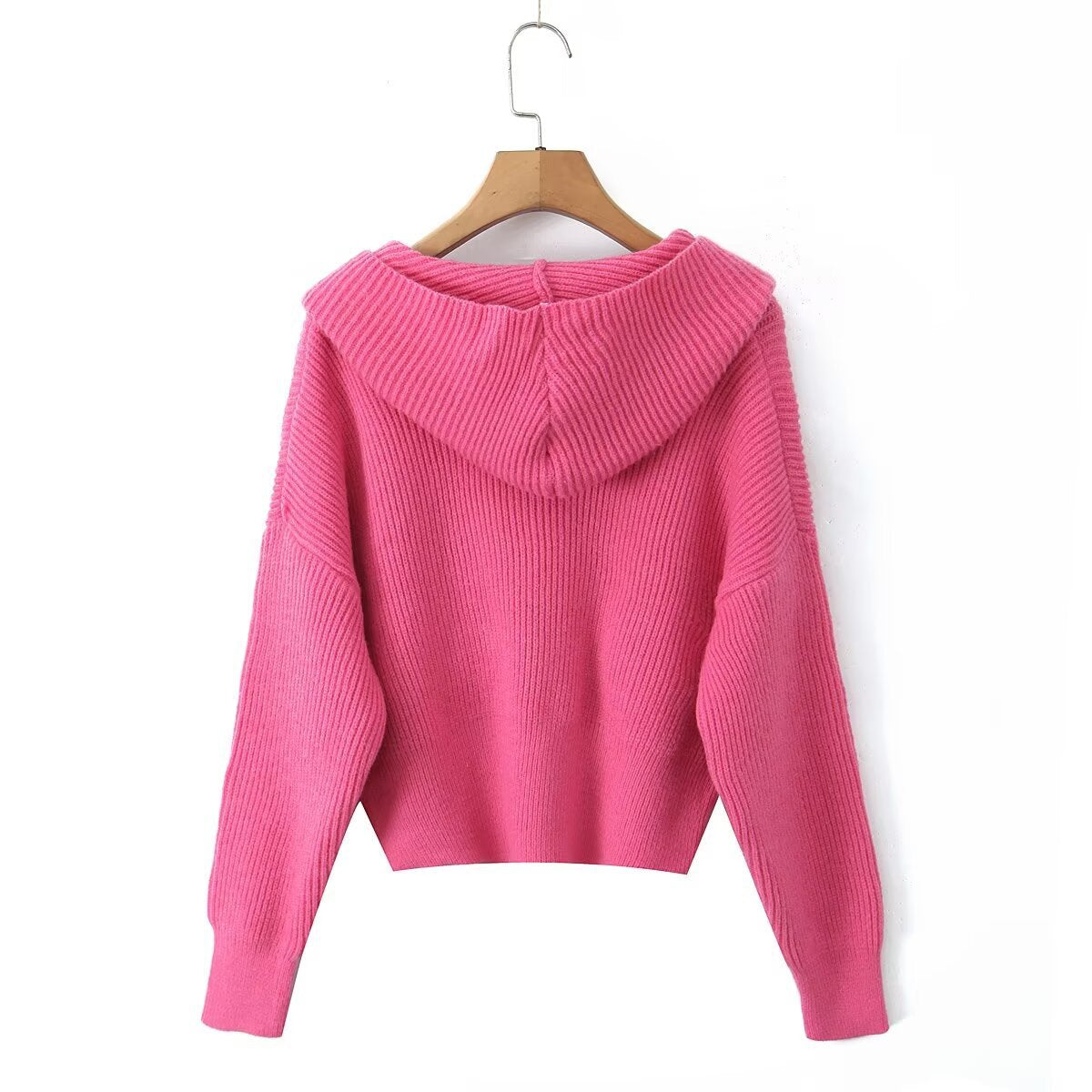 Women's Short Ribbed Knit Cardigan with Wide Hood Collar and Patch Pockets Chichicherry