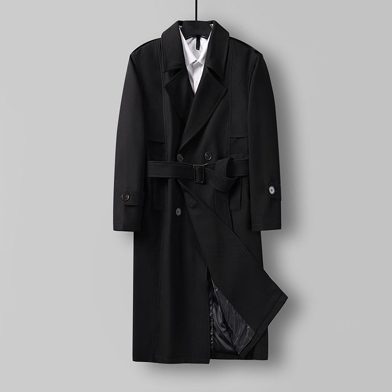 Men's Midi Length Double Breasted Trench Coat with Waist Belt, Notched Lapel and Checked Lining Chichicherry