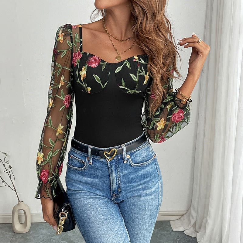 Women's shaping mesh bodysuit with corset look, balconette neckline and embroidered sheer sleeves Chichicherry