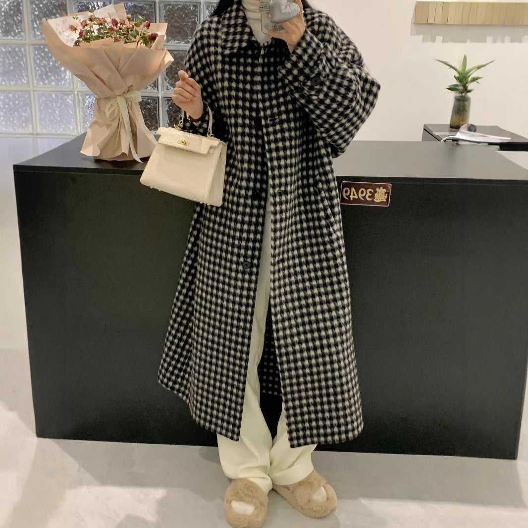 Women's Houndstooth Oversize Wool Blend Coat with Wide Cut and Button Closure Chichicherry
