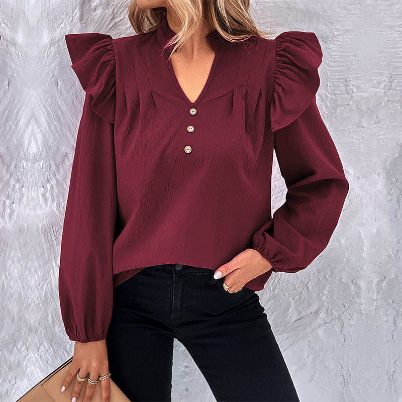 Women's Romantic Ruffled Blouse with Stand Collar, V-Neck and Balloon Sleeves Chichicherry
