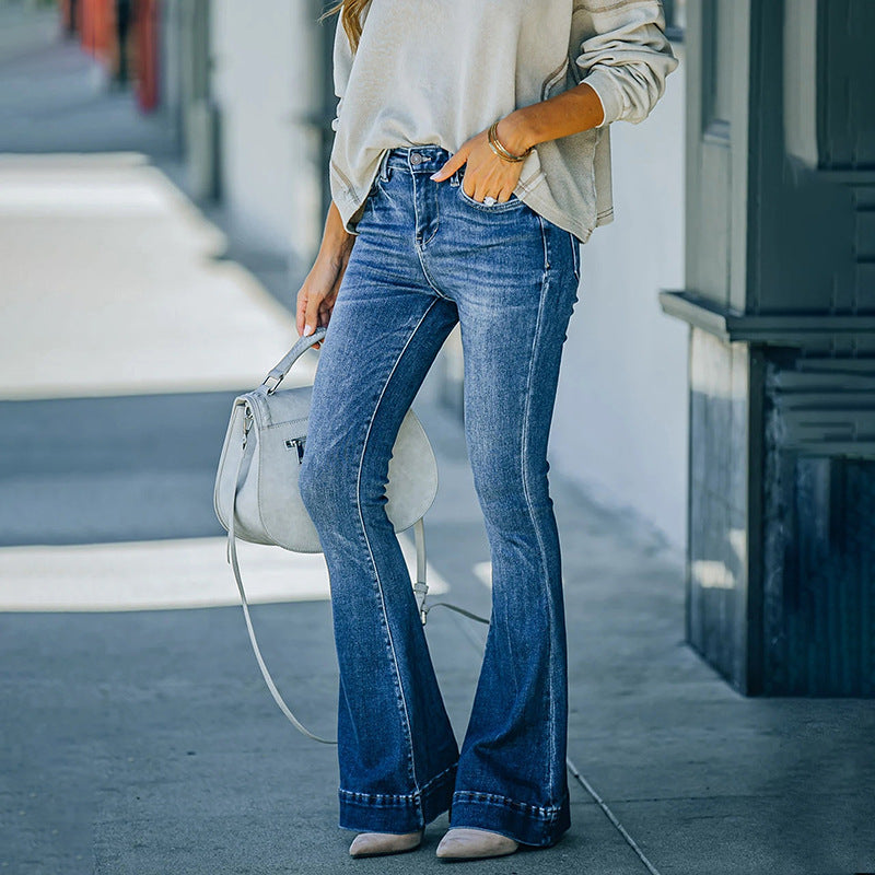 Ladies High-Waist Flared Jeans with Tailored Cut and Decorative Front Seam Chichicherry