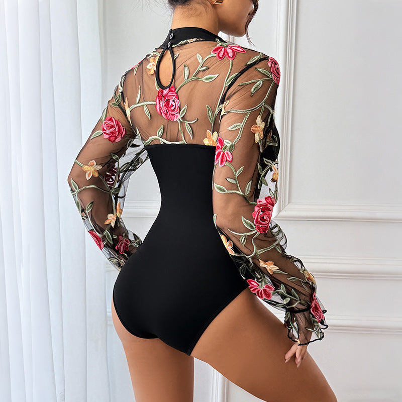 Women's Transparent Mesh Bodysuit with Floral Embroidery, Stand Collar and Bustier Look
