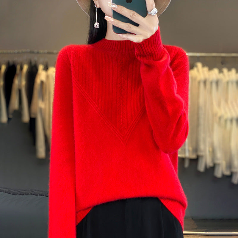 Women's Loose Mohair Blend Sweater with Textured V Panel and Stand-up Collar Chichicherry