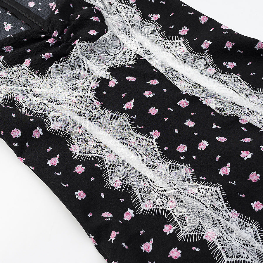 Ladies max dress with lace insert, long sleeves and floral all-over print Chichicherry