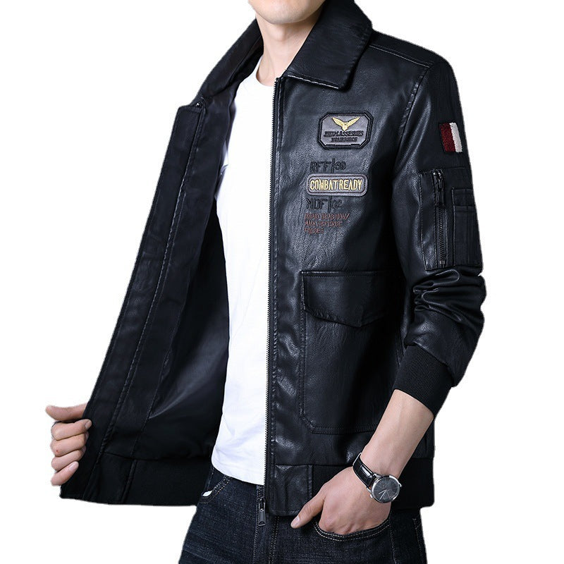 Men's pilot bomber jacket made of faux leather with embroidered patches and ribbed cuffs Chichicherry