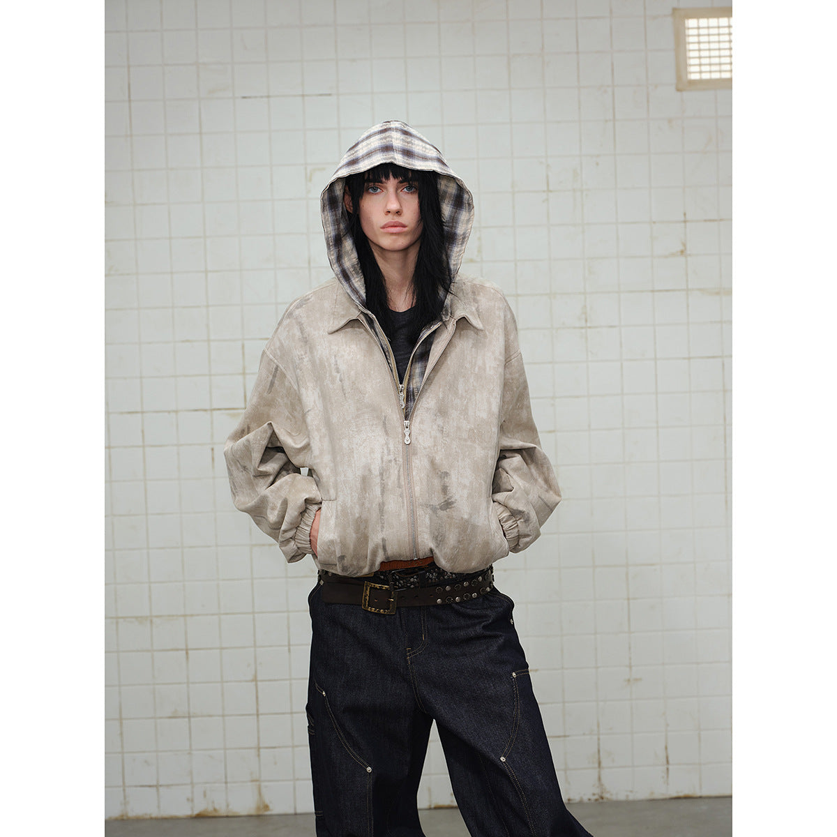 Unisex Short Cut Boxy Jacket in Suede Look with Checked Lined Hood Chichicherry