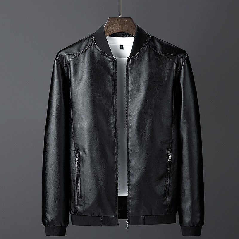 Men's smooth leather look bomber jacket with stand-up collar, zippered pockets, and elastic cuffs Chichicherry
