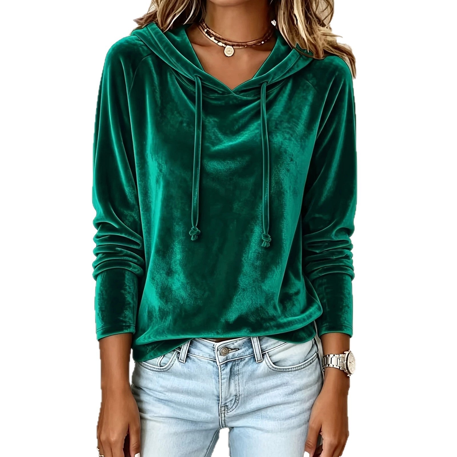 Women Velvet Hoodie with Hood Drawstring and Casual Cut Chichicherry