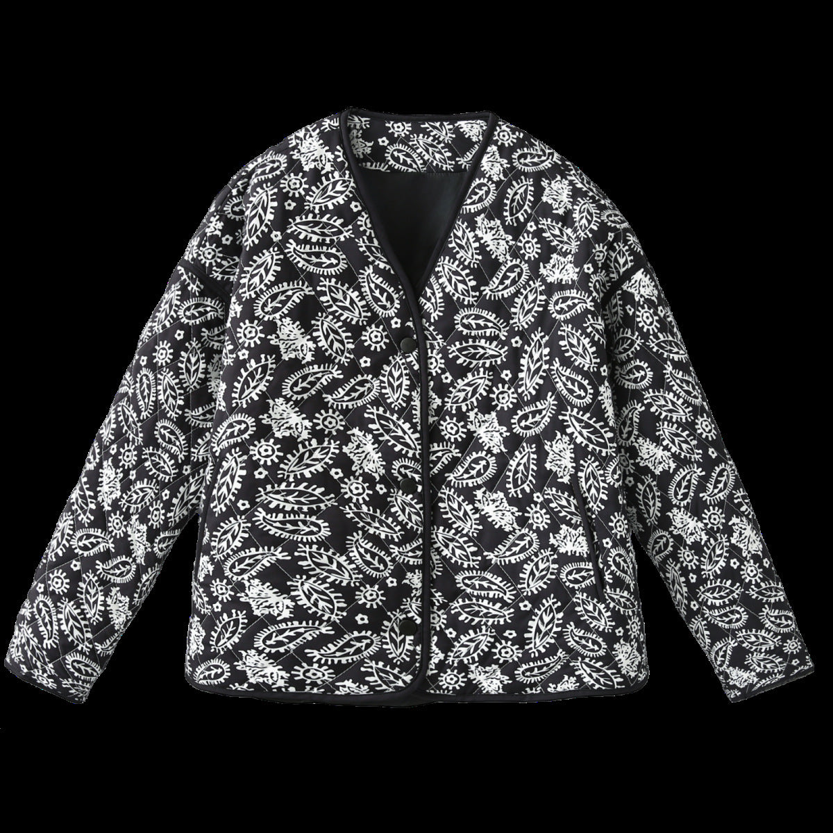 Women's quilted jacket with paisley pattern, V-neck and contrasting piping Chichicherry