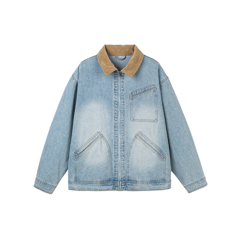 Men's Boxy Denim Jacket in Worker Style with Cord Collar and Front Zipper Chichicherry