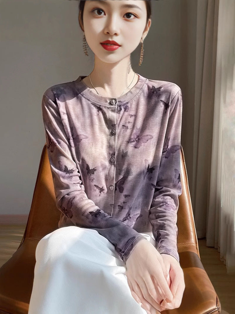 Women's Lightweight Watercolor Print Fine Knit Cardigan with Round Neckline and Button Placket Chichicherry