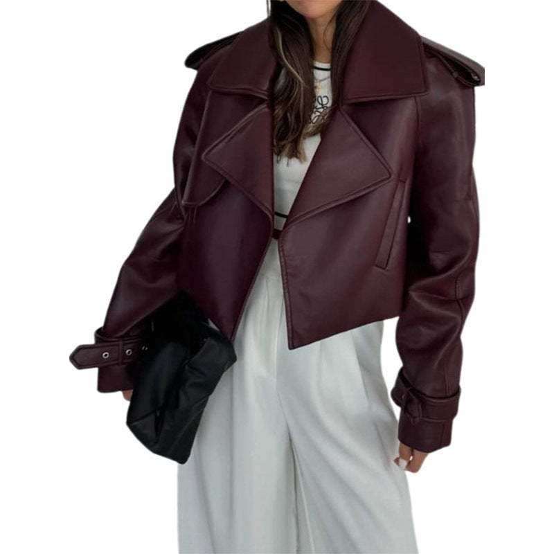 Ladies Cropped Biker Jacket made of faux leather with oversized lapels, adjustable cuffs, and epaulettes Chichicherry